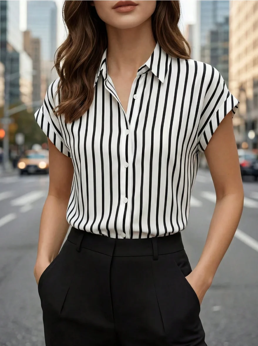 [Elegant Orientation] Summer Fashion Women's Striped Single-Breasted Collar Drop-Shoulder Short-Sleeve Shirt