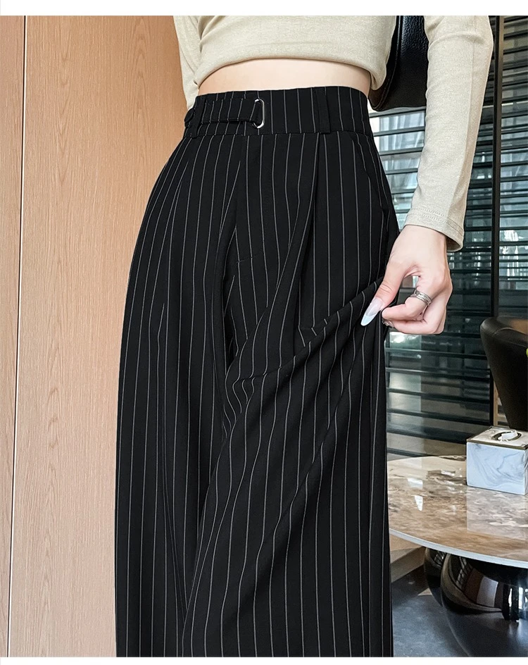 2025 New Autumn Vintage Striped Loose Women's Wide Leg Pant Button Spring High Waist Female Straight Office Full Length Trousers