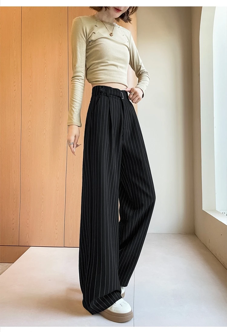 2025 New Autumn Vintage Striped Loose Women's Wide Leg Pant Button Spring High Waist Female Straight Office Full Length Trousers