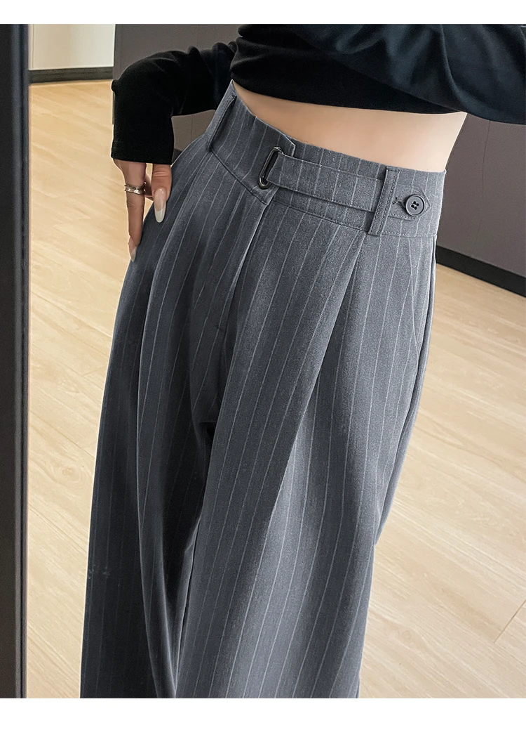 2025 New Autumn Vintage Striped Loose Women's Wide Leg Pant Button Spring High Waist Female Straight Office Full Length Trousers