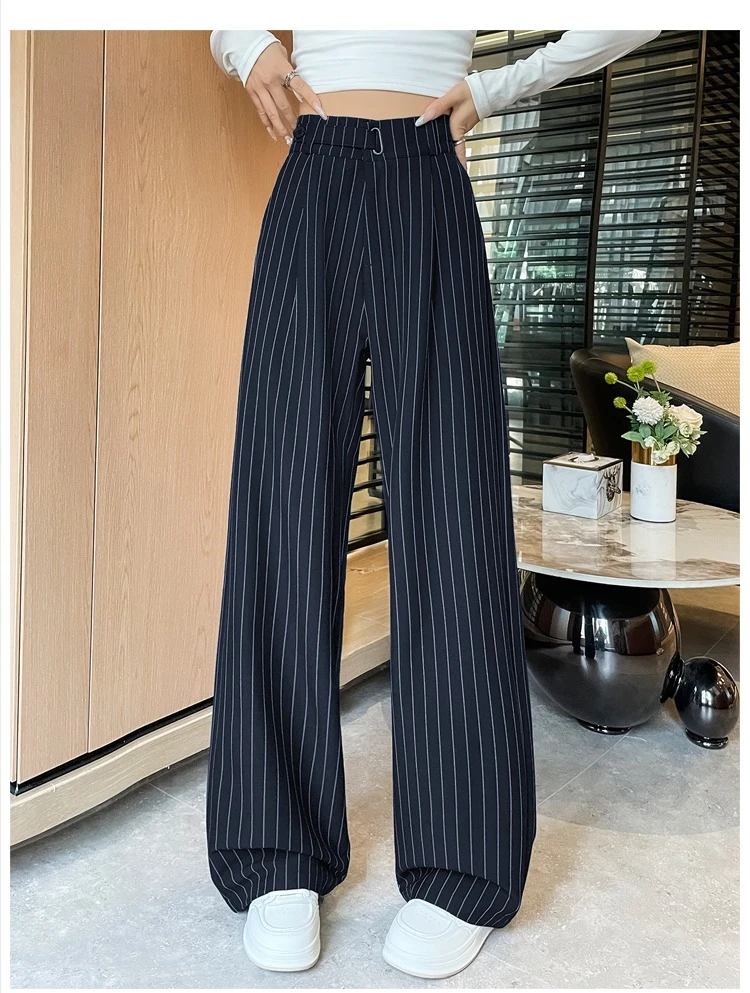 2025 New Autumn Vintage Striped Loose Women's Wide Leg Pant Button Spring High Waist Female Straight Office Full Length Trousers