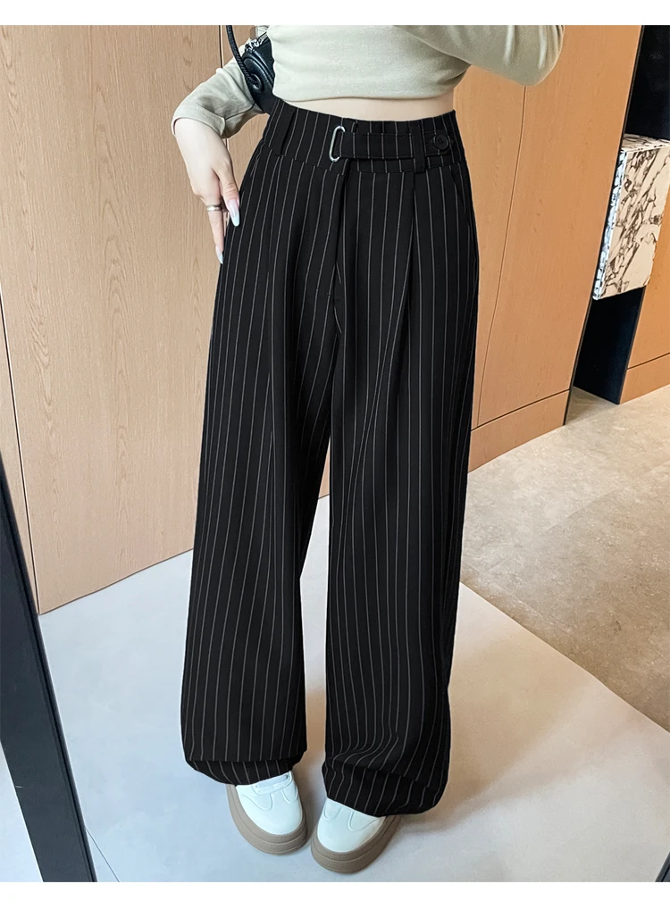 2025 New Autumn Vintage Striped Loose Women's Wide Leg Pant Button Spring High Waist Female Straight Office Full Length Trousers