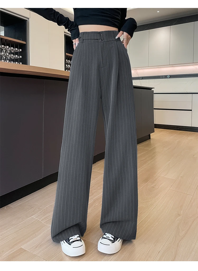 2025 New Autumn Vintage Striped Loose Women's Wide Leg Pant Button Spring High Waist Female Straight Office Full Length Trousers