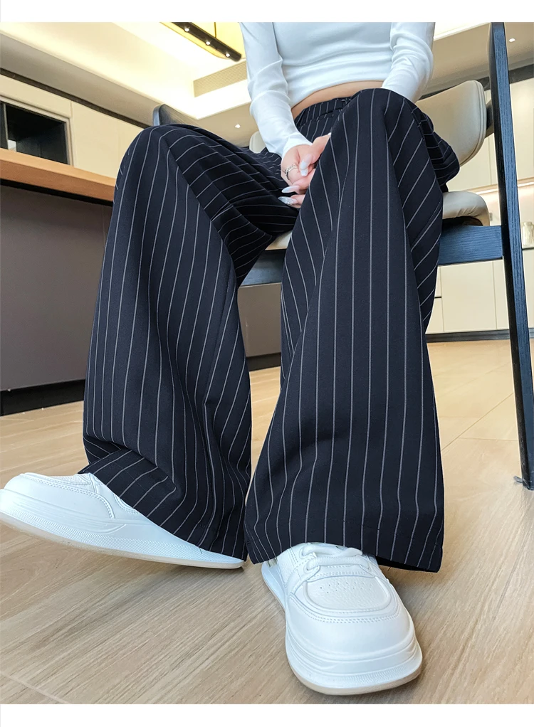 2025 New Autumn Vintage Striped Loose Women's Wide Leg Pant Button Spring High Waist Female Straight Office Full Length Trousers