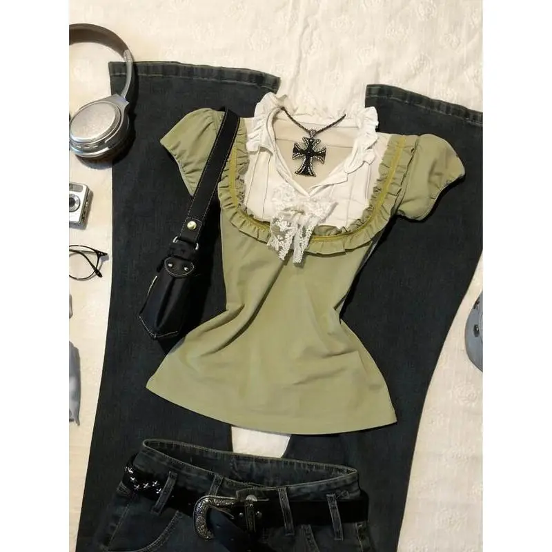 2000s Lace Trim Harajuku T Shirts Aesthetic Sweet Girl Summer Women Clothes Femme Trendy Green Kawaii Top Gentle Ruffle Y2k Tees