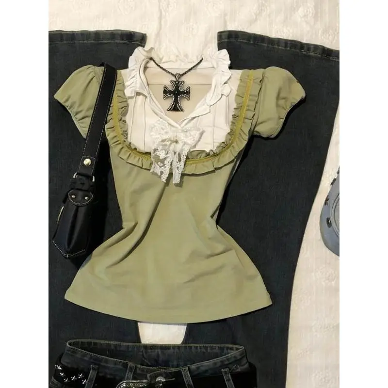 2000s Lace Trim Harajuku T Shirts Aesthetic Sweet Girl Summer Women Clothes Femme Trendy Green Kawaii Top Gentle Ruffle Y2k Tees