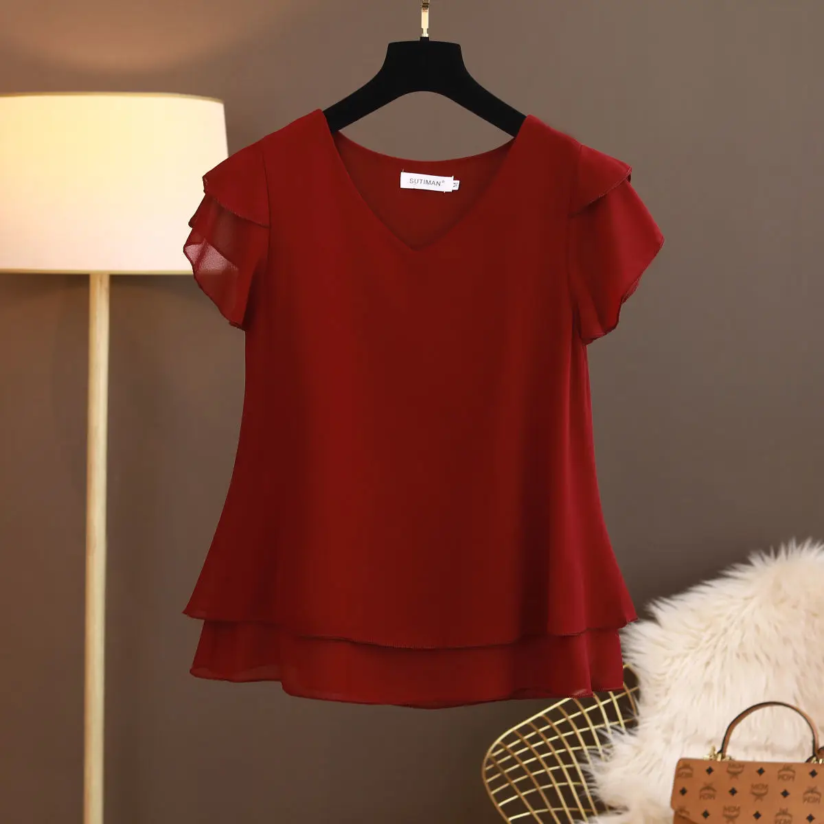 2026 New Summer Women Blouse Loose V-Neck Chiffon Shirt Female Short Sleeve Blouse Oversized Shirts womens tops and blouses Top