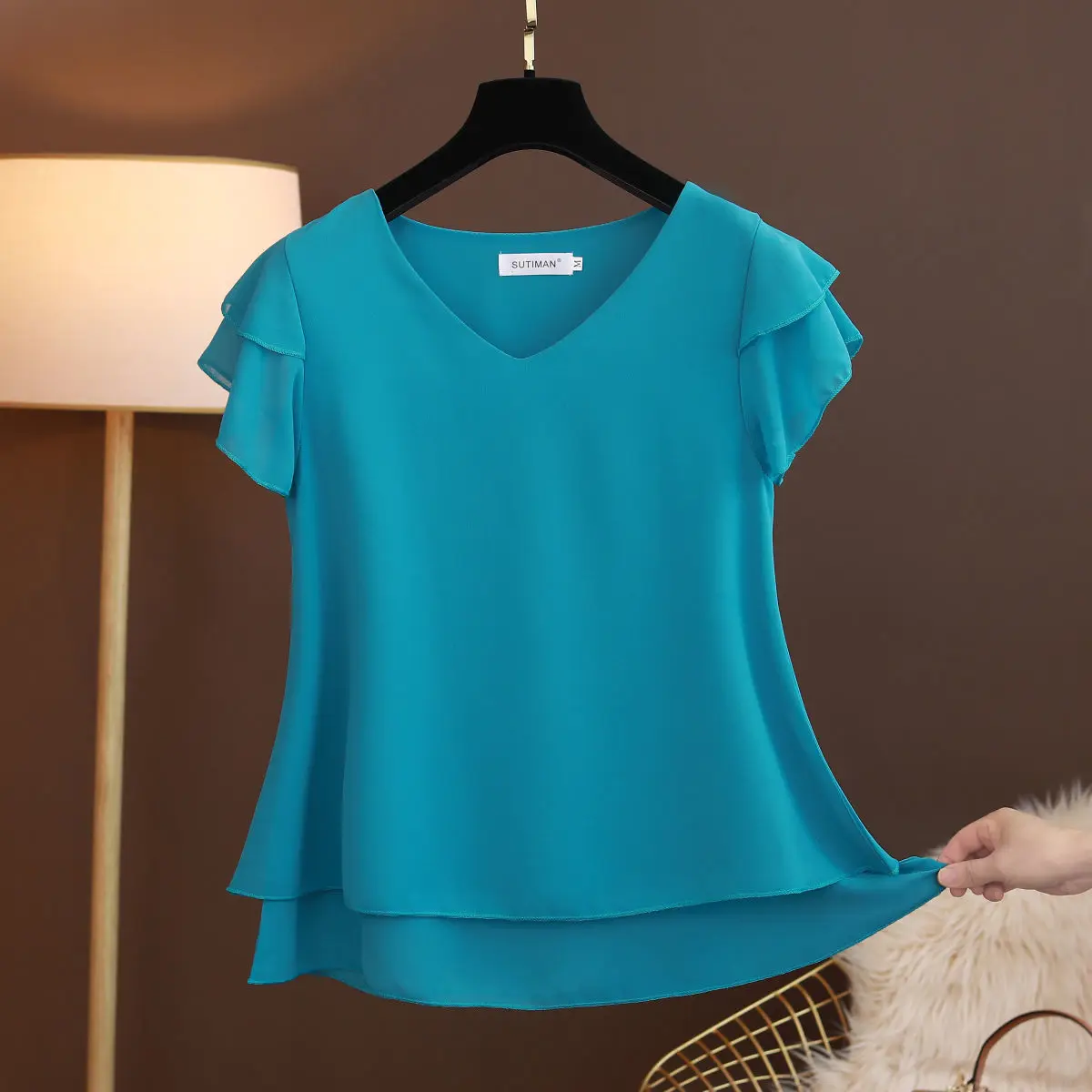 2026 New Summer Women Blouse Loose V-Neck Chiffon Shirt Female Short Sleeve Blouse Oversized Shirts womens tops and blouses Top