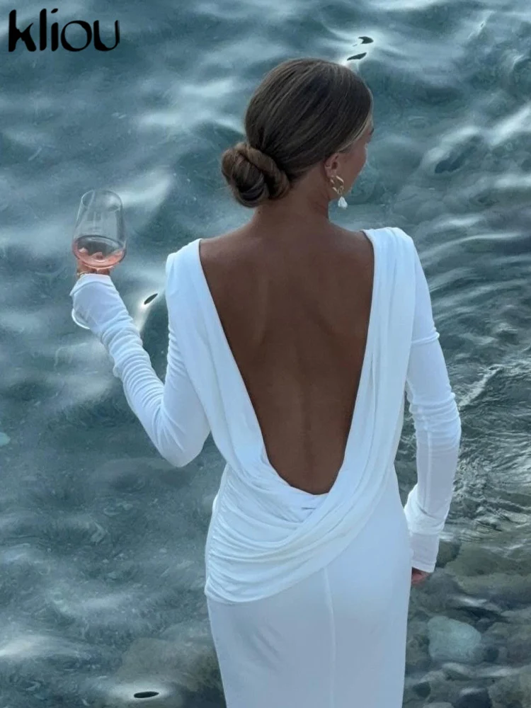 kliou Solid Elegant Women Maxi Dress Simple Fall Classic Trend Full Sleeve Swinging Backless Sheath Vestidos Mujer Evening Robe