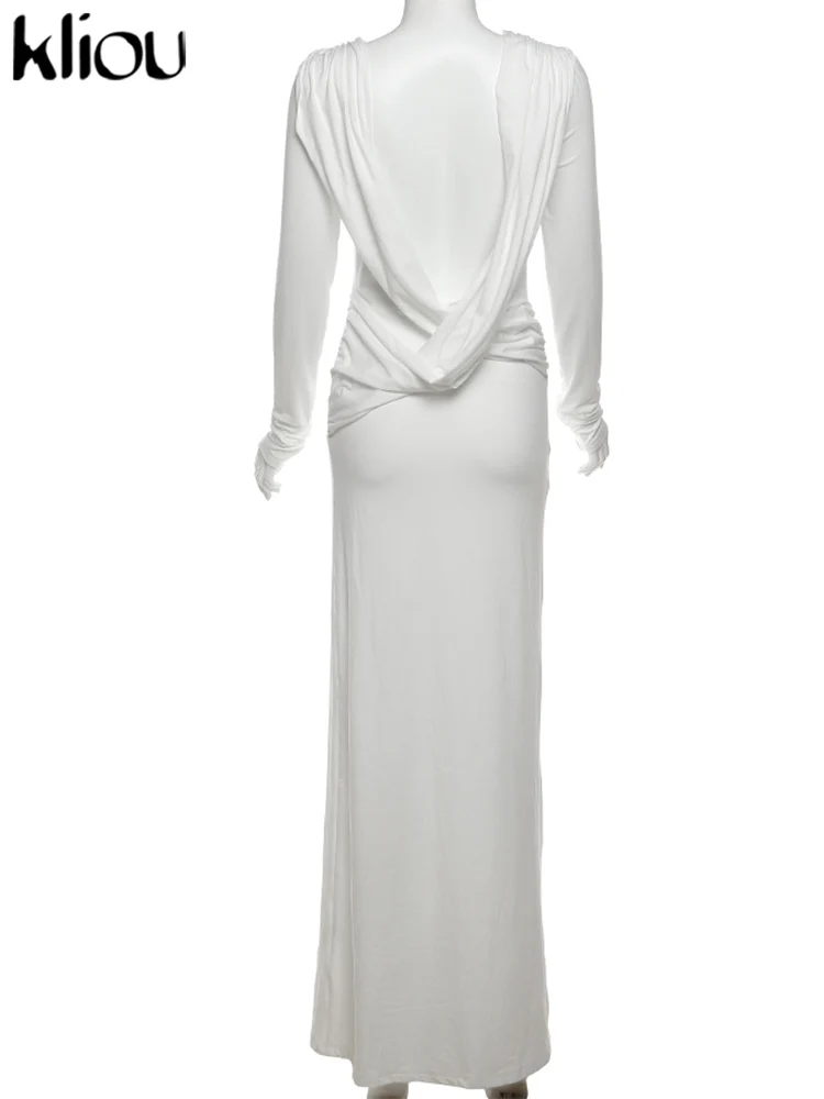 kliou Solid Elegant Women Maxi Dress Simple Fall Classic Trend Full Sleeve Swinging Backless Sheath Vestidos Mujer Evening Robe