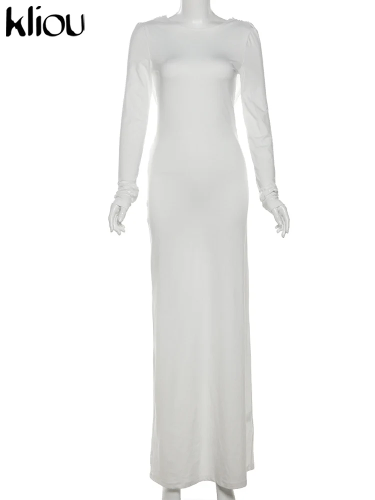 kliou Solid Elegant Women Maxi Dress Simple Fall Classic Trend Full Sleeve Swinging Backless Sheath Vestidos Mujer Evening Robe