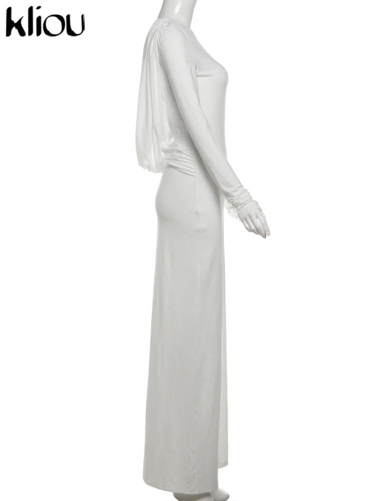 kliou Solid Elegant Women Maxi Dress Simple Fall Classic Trend Full Sleeve Swinging Backless Sheath Vestidos Mujer Evening Robe