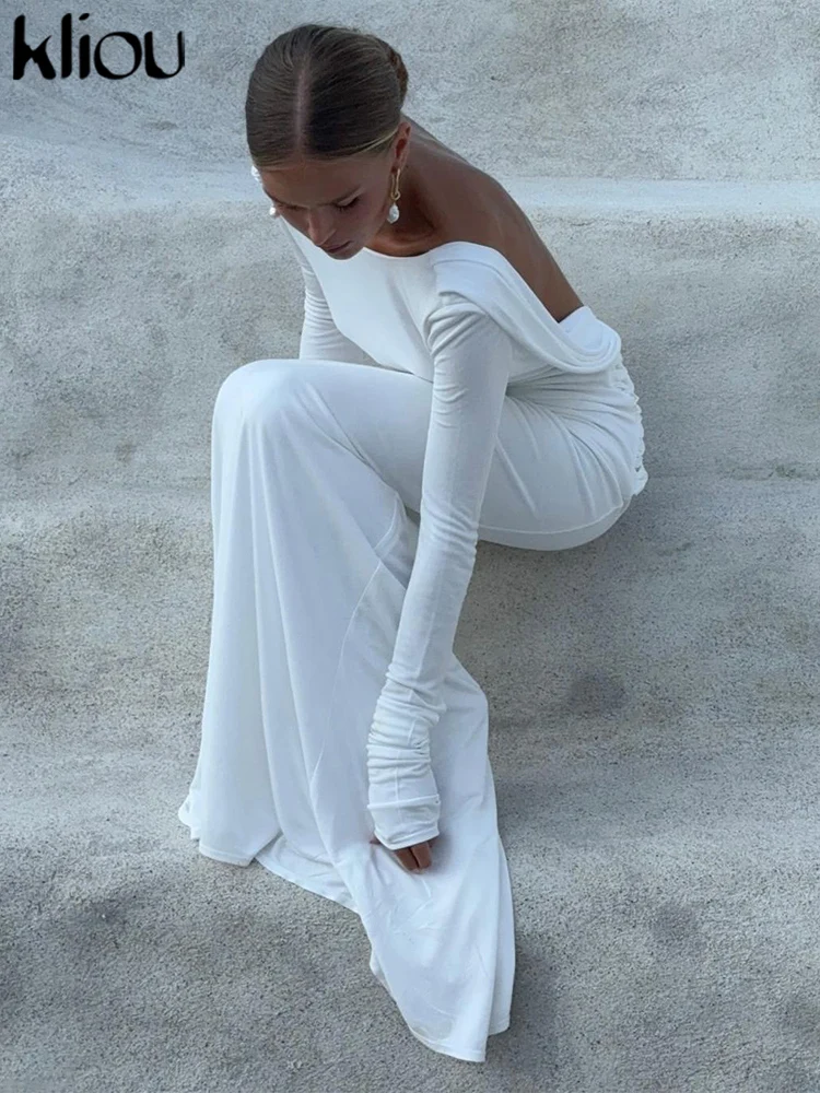 kliou Solid Elegant Women Maxi Dress Simple Fall Classic Trend Full Sleeve Swinging Backless Sheath Vestidos Mujer Evening Robe