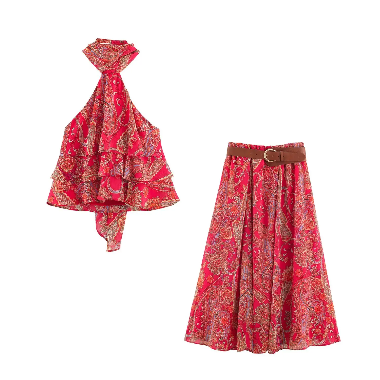BSAY Summer Bohemian Women Bow Halter Neck Sleeveless Top High‑Waist Flowy Long Skirt With Belt Holiday 2‑Piece Matching Outfit