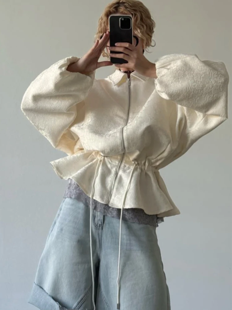 Jacquard Cropped Er Jacket Women Collar Zip Up Drawstring Waist Puff Sleeve Oversized Coat 2026 New Daily Casual Outerwear