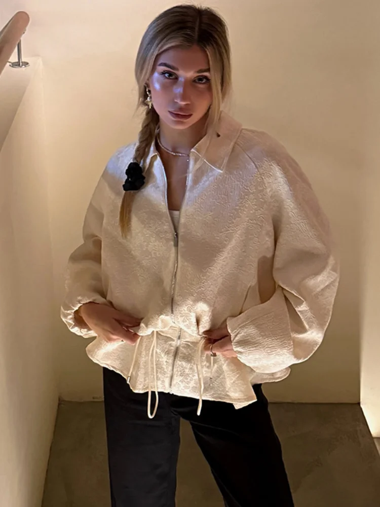 Jacquard Cropped Er Jacket Women Collar Zip Up Drawstring Waist Puff Sleeve Oversized Coat 2026 New Daily Casual Outerwear