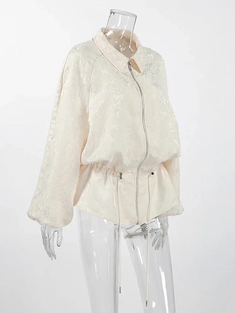 Jacquard Cropped Er Jacket Women Collar Zip Up Drawstring Waist Puff Sleeve Oversized Coat 2026 New Daily Casual Outerwear