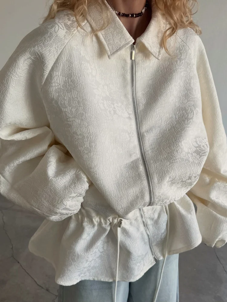 Jacquard Cropped Er Jacket Women Collar Zip Up Drawstring Waist Puff Sleeve Oversized Coat 2026 New Daily Casual Outerwear