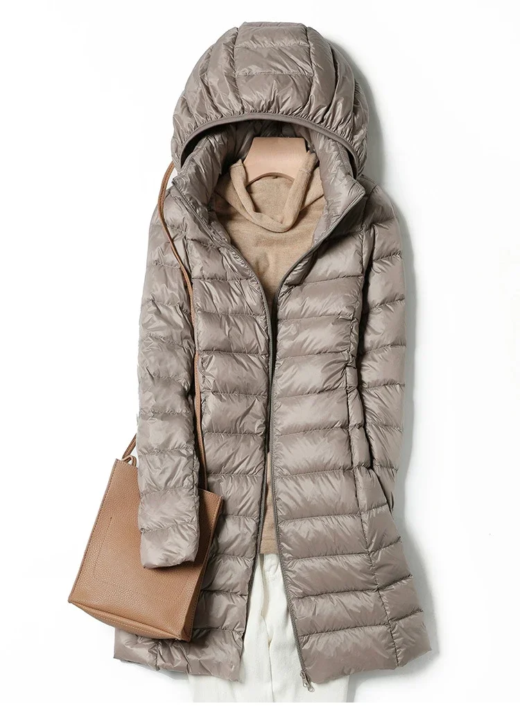 Fashionable Outerwear Winter Women Korean Fashion Slim Remove Hooded Parka Down Jackets Long Light Thin Coat Puffer Jacket