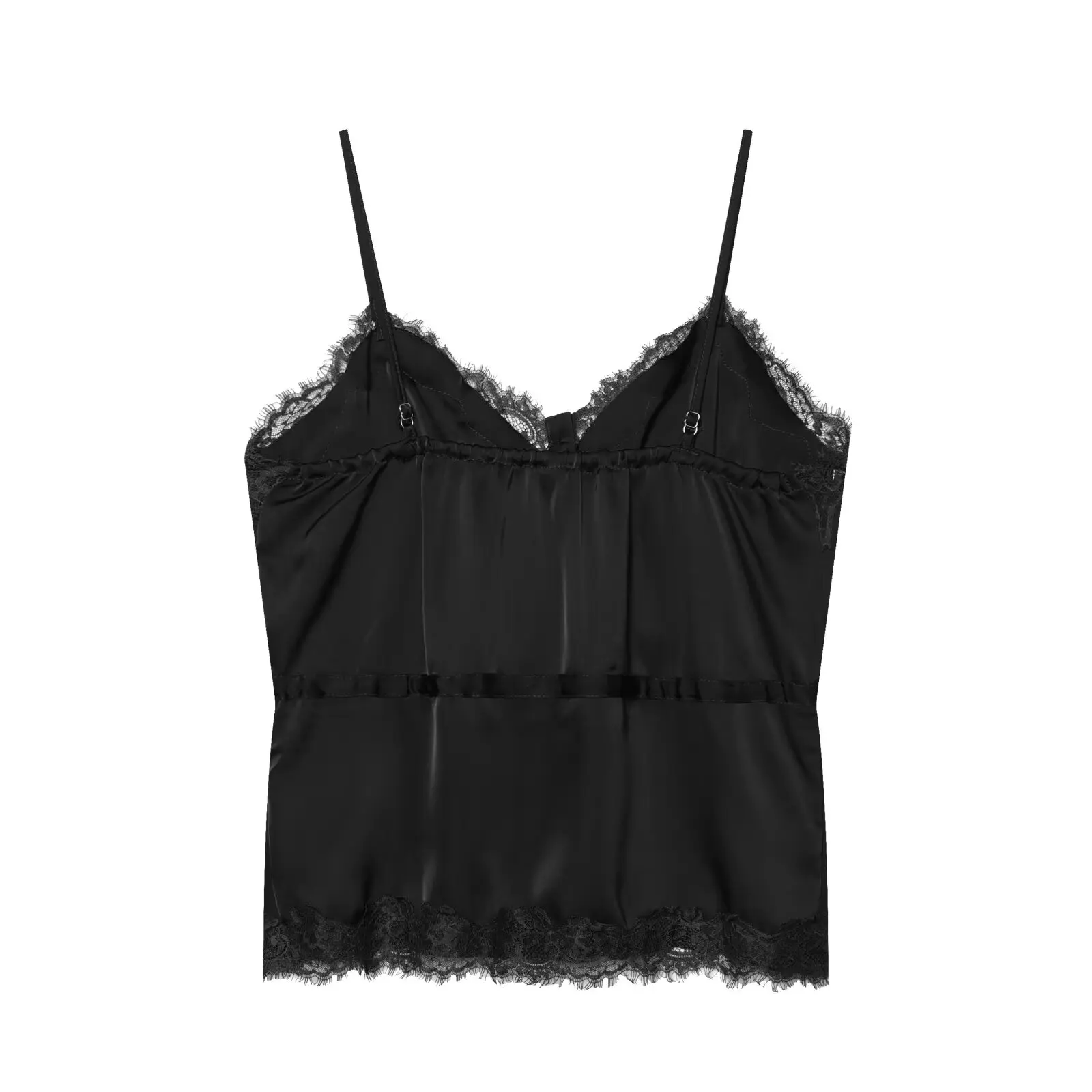 Lace-decorated satin-feel camisole crop top, flowing, sexy open back, 2026 summer new style, tie-waist, comfortable