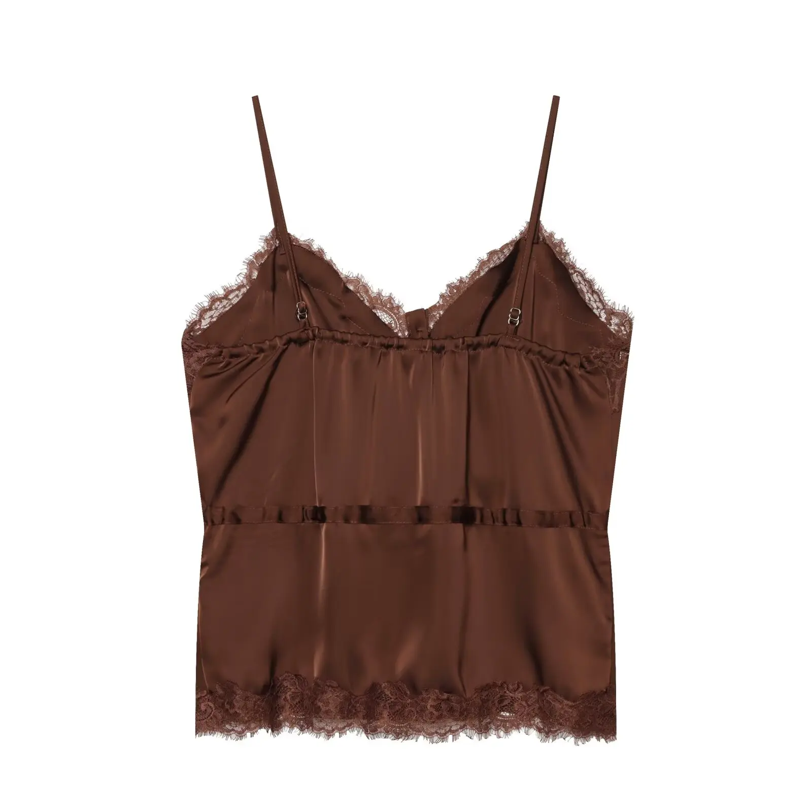 Lace-decorated satin-feel camisole crop top, flowing, sexy open back, 2026 summer new style, tie-waist, comfortable