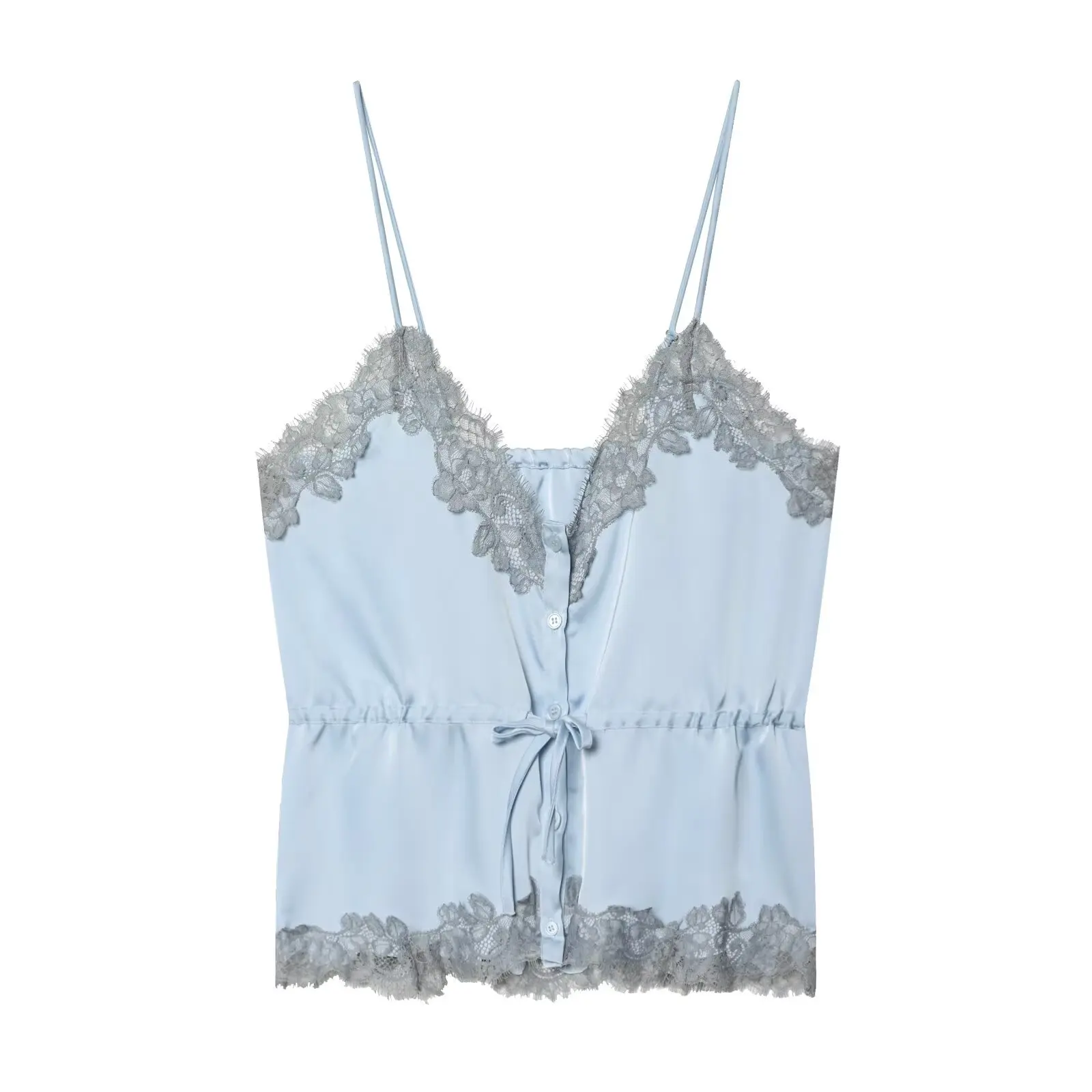 Lace-decorated satin-feel camisole crop top, flowing, sexy open back, 2026 summer new style, tie-waist, comfortable