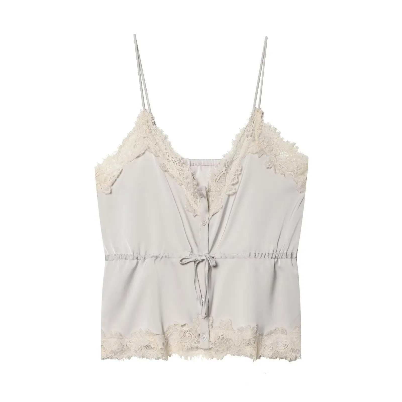 Lace-decorated satin-feel camisole crop top, flowing, sexy open back, 2026 summer new style, tie-waist, comfortable