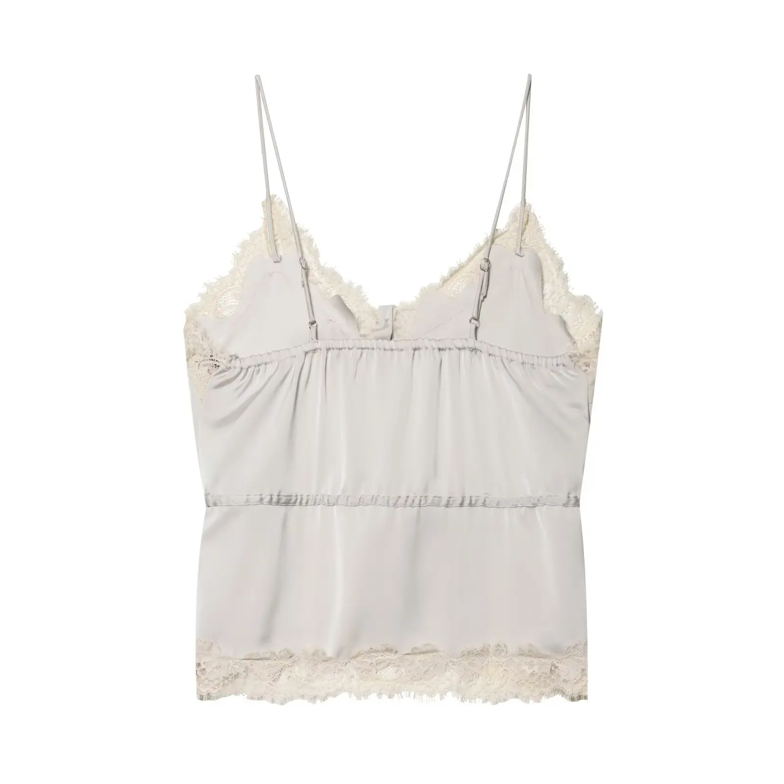 Lace-decorated satin-feel camisole crop top, flowing, sexy open back, 2026 summer new style, tie-waist, comfortable