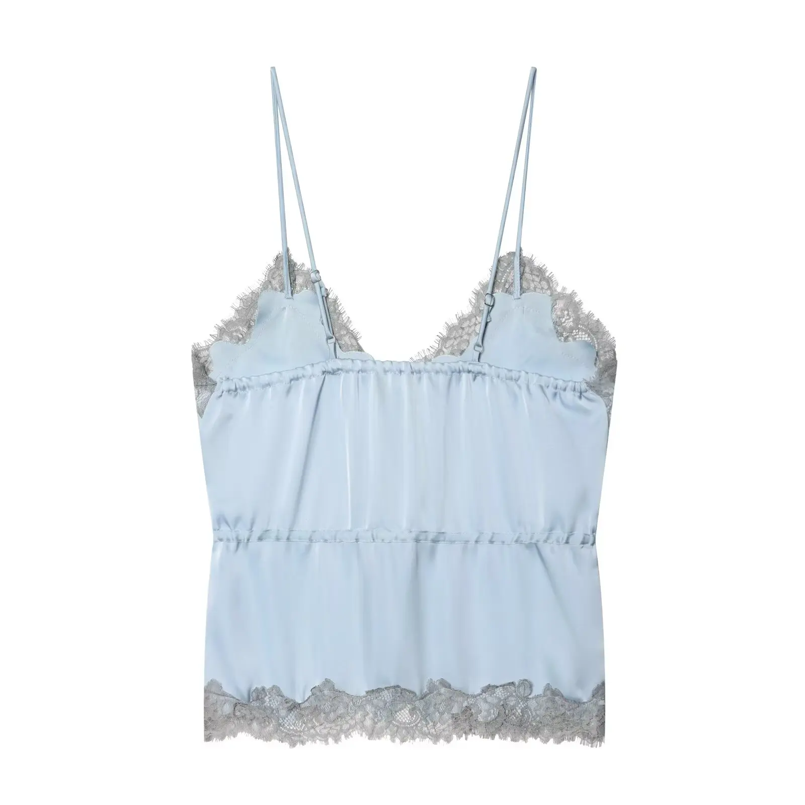 Lace-decorated satin-feel camisole crop top, flowing, sexy open back, 2026 summer new style, tie-waist, comfortable