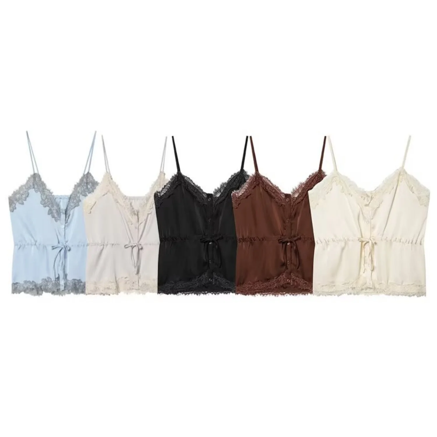 Lace-decorated satin-feel camisole crop top, flowing, sexy open back, 2026 summer new style, tie-waist, comfortable