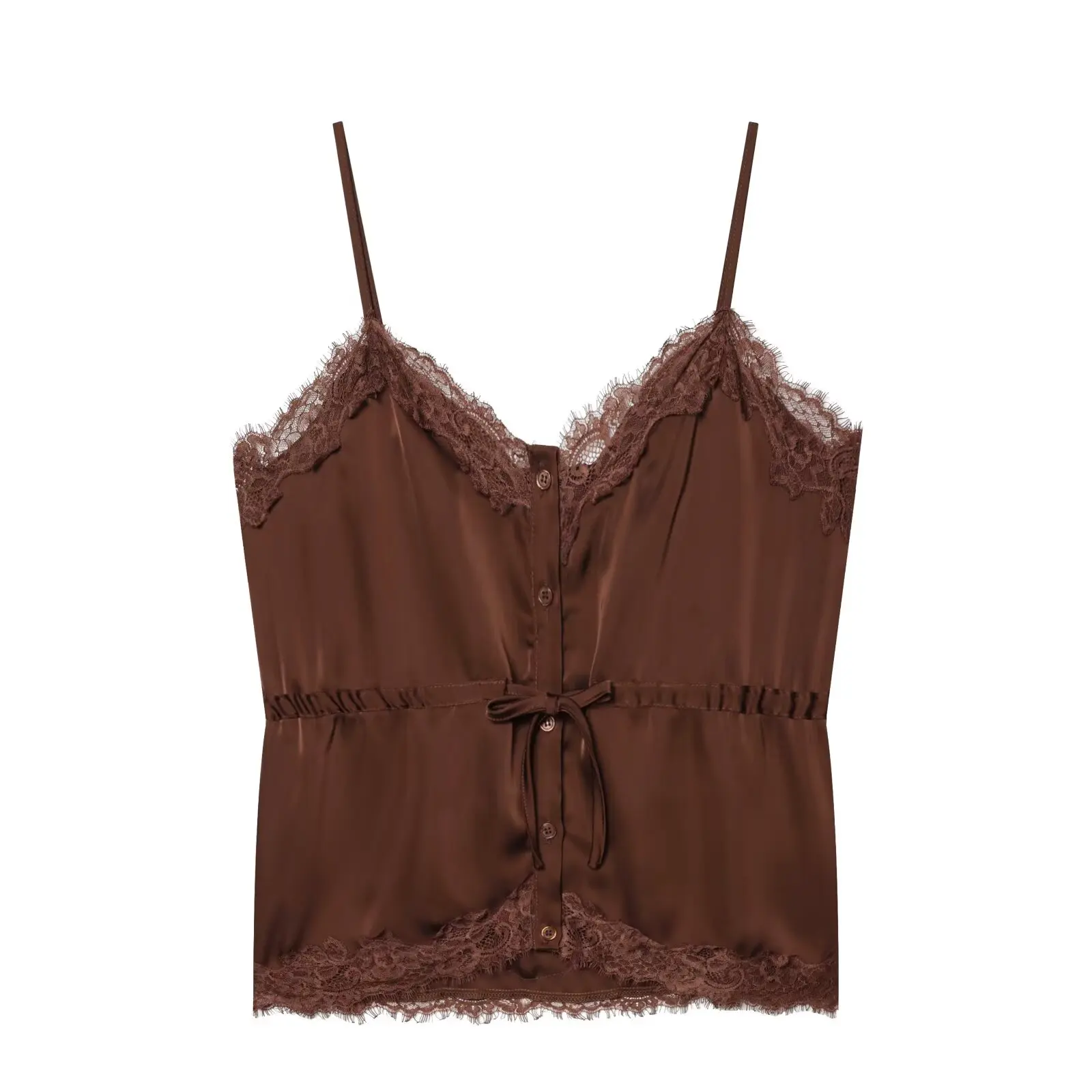 Lace-decorated satin-feel camisole crop top, flowing, sexy open back, 2026 summer new style, tie-waist, comfortable