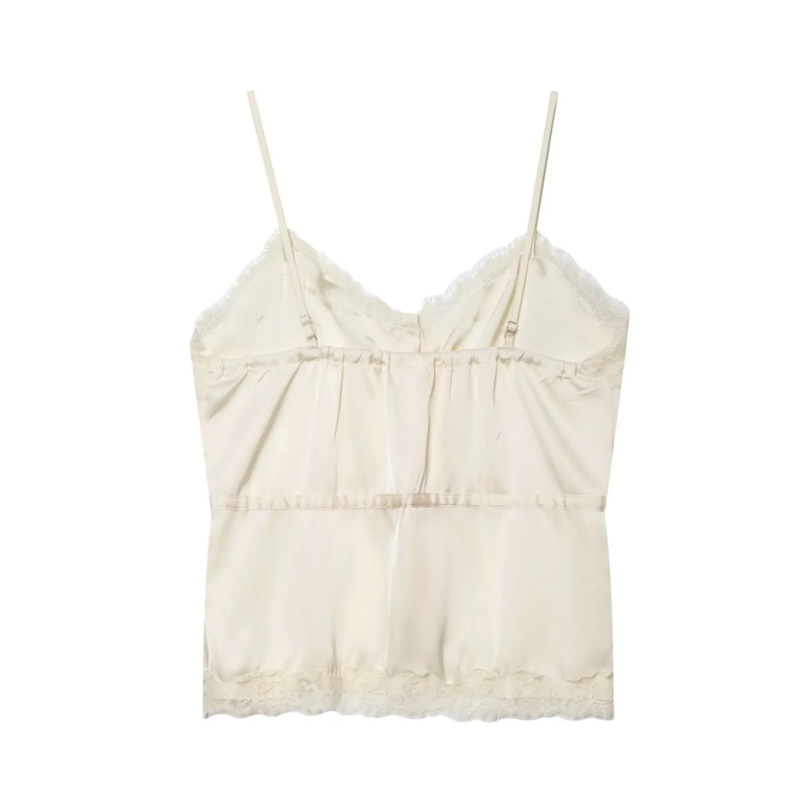 Lace-decorated satin-feel camisole crop top, flowing, sexy open back, 2026 summer new style, tie-waist, comfortable