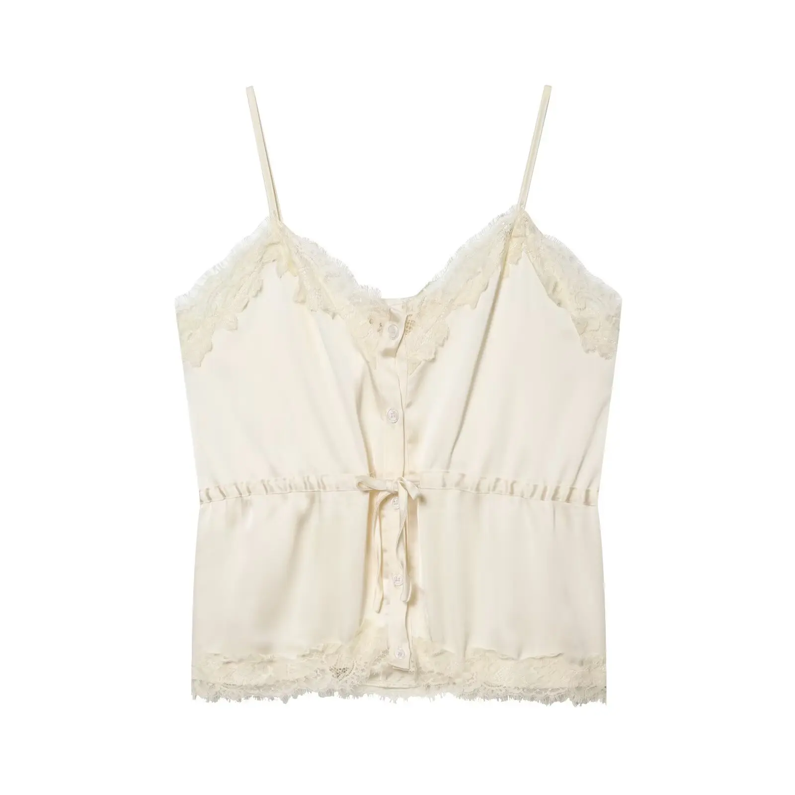 Lace-decorated satin-feel camisole crop top, flowing, sexy open back, 2026 summer new style, tie-waist, comfortable