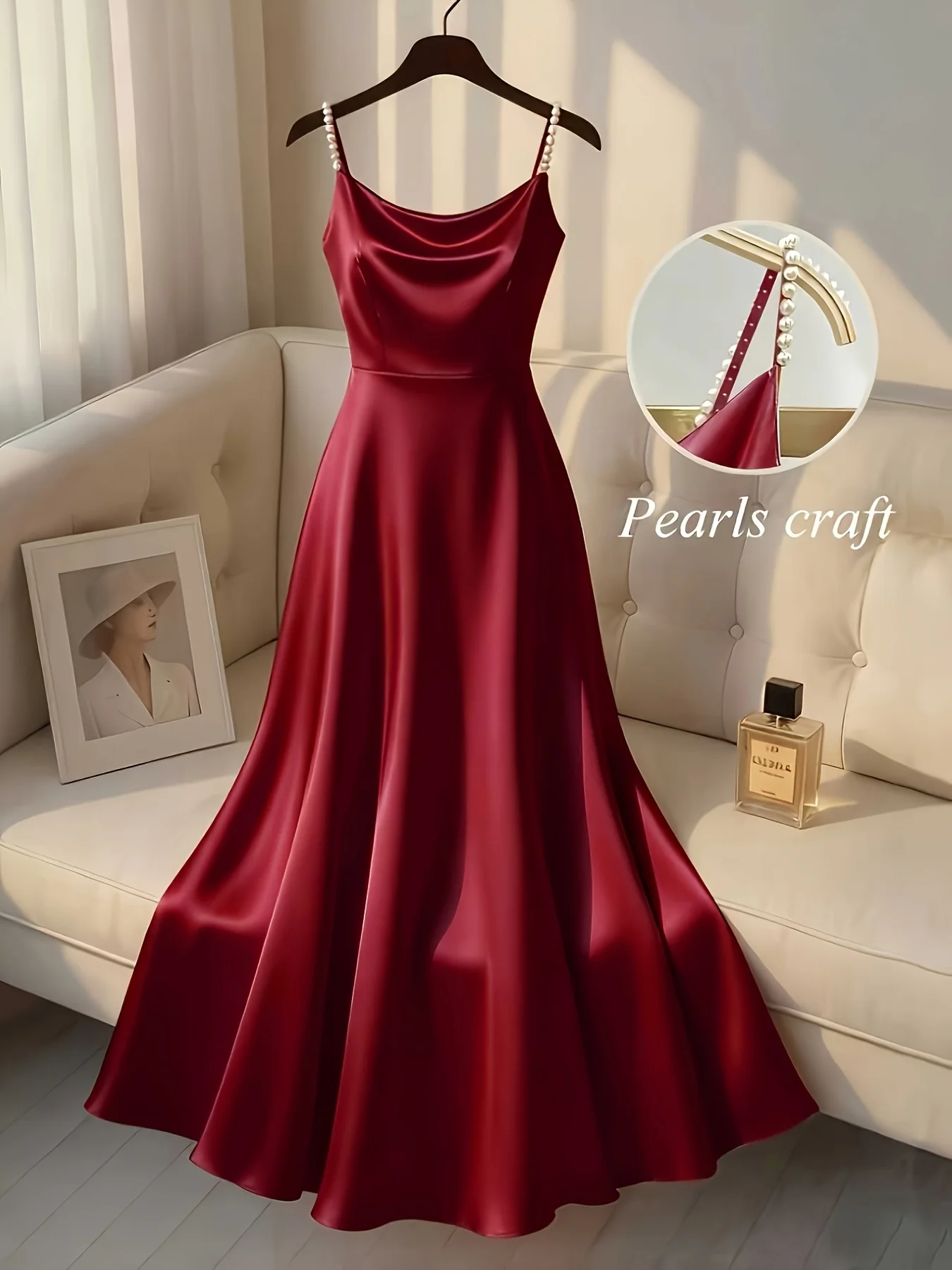 Pearl Strap Satin Slip Retro Dress. Simple in Design, Stylish and Elegant, Ideal for Parties, Weddings, Dates and Daily Commutin
