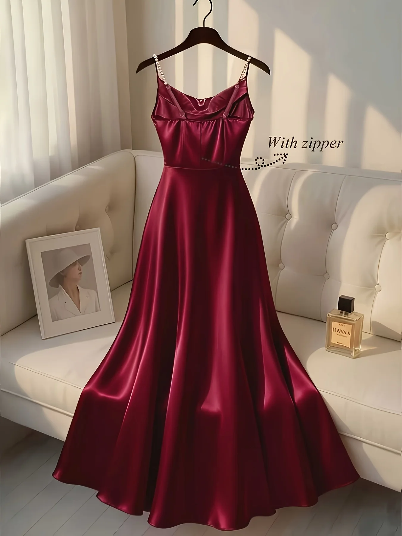 Pearl Strap Satin Slip Retro Dress. Simple in Design, Stylish and Elegant, Ideal for Parties, Weddings, Dates and Daily Commutin