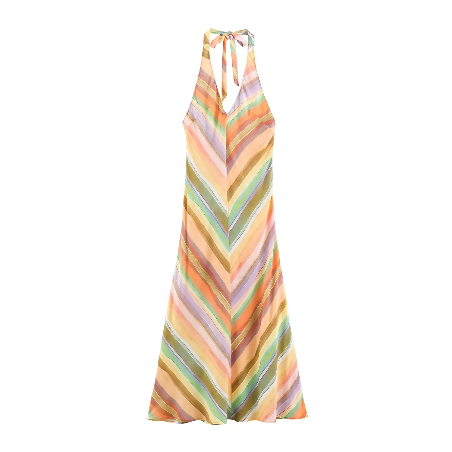 BSAY Women Halter Maxi Dress V‑Neck Colorful Chevron Stripe Print Sleeveless Back Tie Long Dress Summer Beach Vacation Sundress