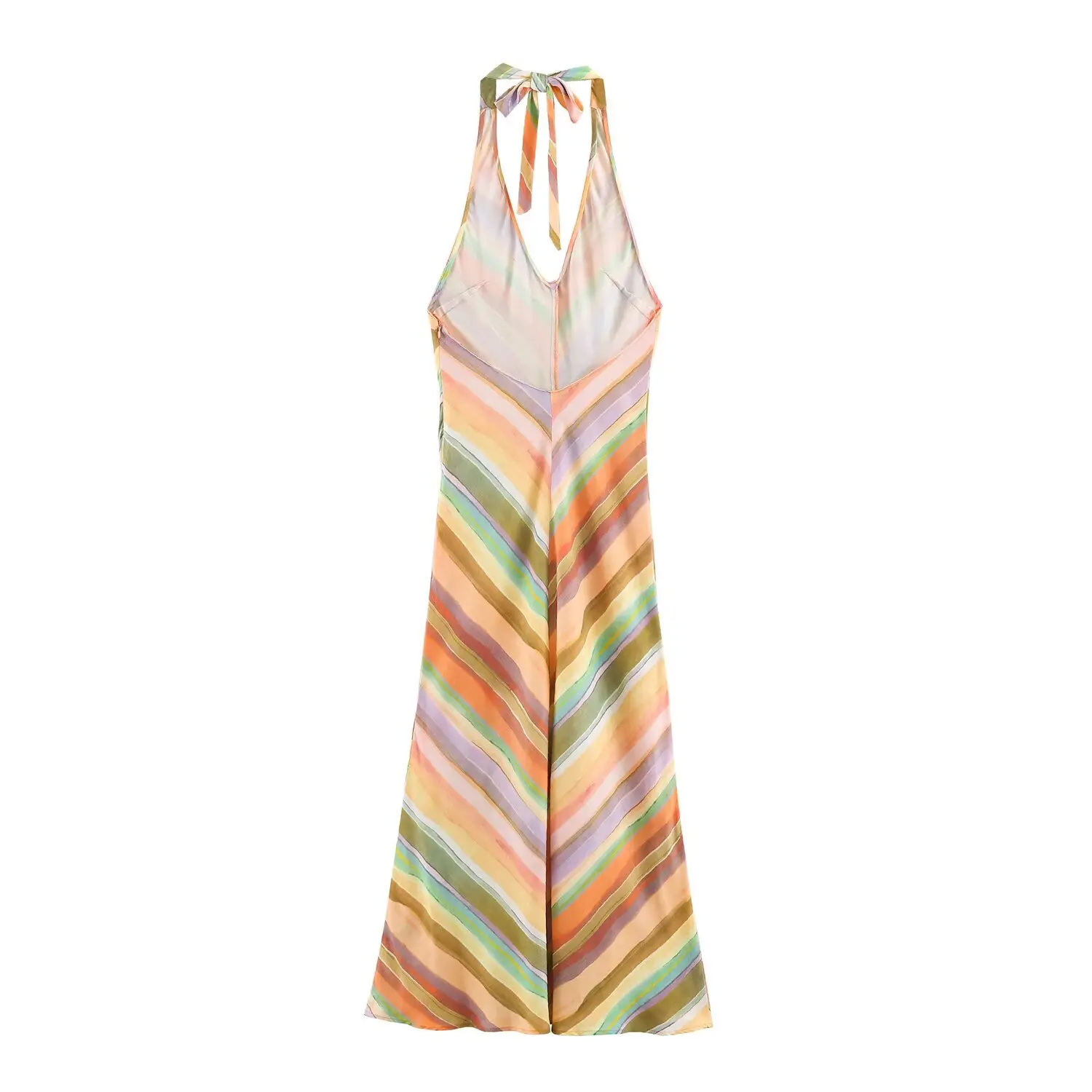 BSAY Women Halter Maxi Dress V‑Neck Colorful Chevron Stripe Print Sleeveless Back Tie Long Dress Summer Beach Vacation Sundress