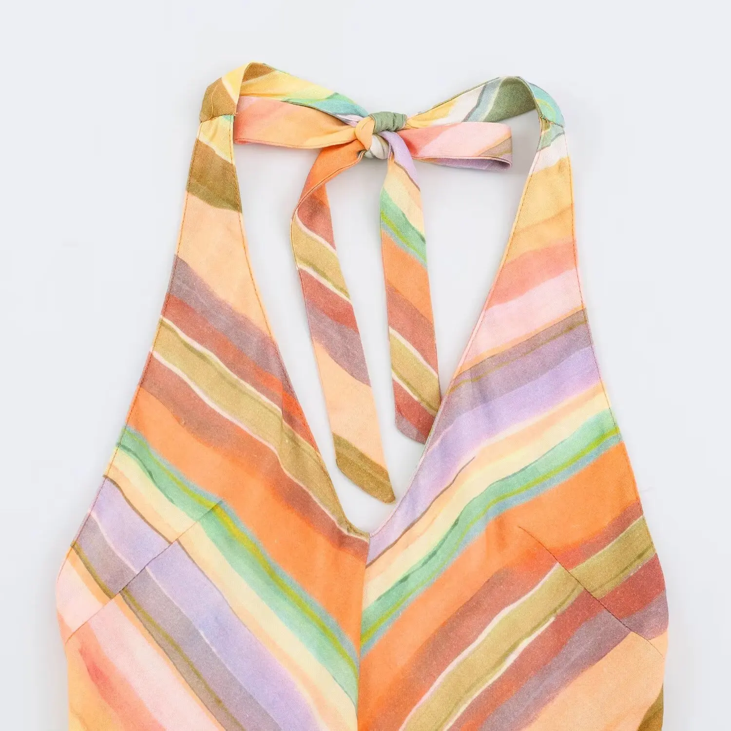 BSAY Women Halter Maxi Dress V‑Neck Colorful Chevron Stripe Print Sleeveless Back Tie Long Dress Summer Beach Vacation Sundress