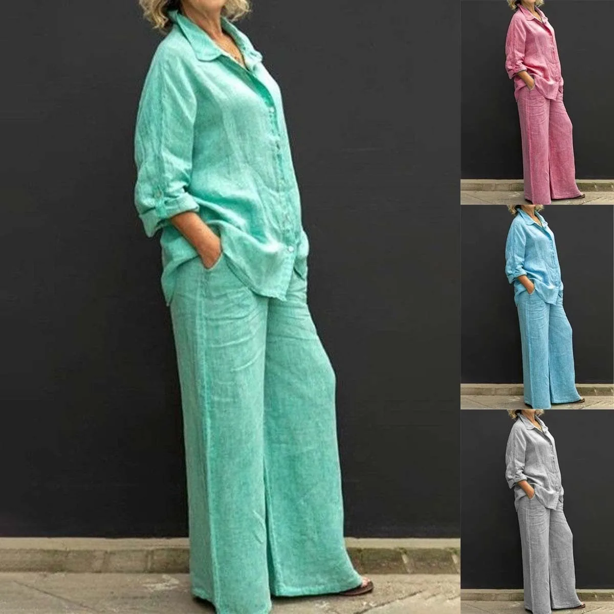 Women's Pure Color Button-Up Shirt Casual Set Spring Summer New Style Transoceanic Trade European And American Design
