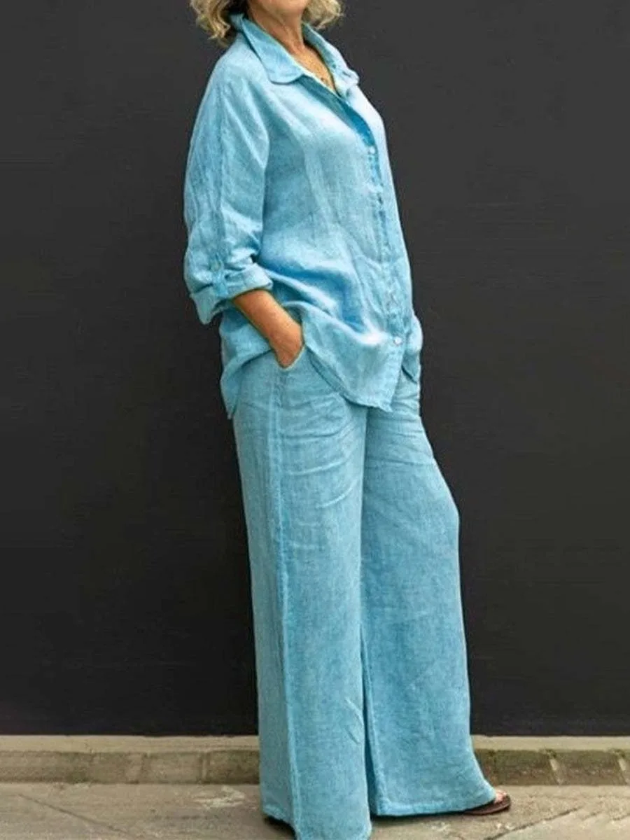 Women's Pure Color Button-Up Shirt Casual Set Spring Summer New Style Transoceanic Trade European And American Design