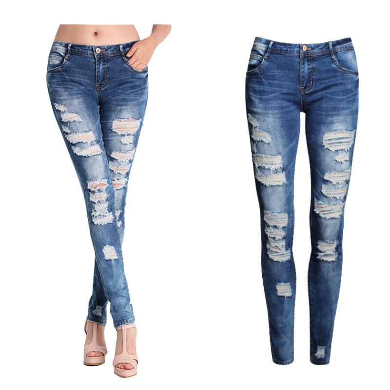 Women Jeans Blue Slim Ripped Jeans for Women Skinny Distressed Washed Stretch Denim Mom Jeans High Waist Pants Femme Bleached
