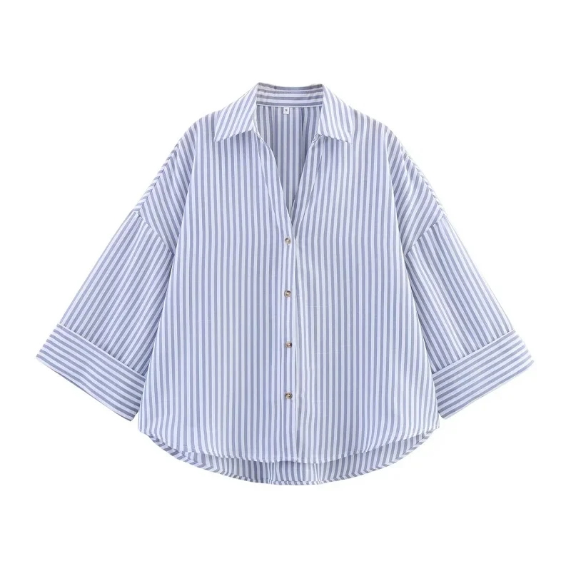 MUJER Striped Women's Shirt White Loose Casual Shirts for Women Summer Button up Shirts and Blouses Woman Wide Sleeve Ladies Top