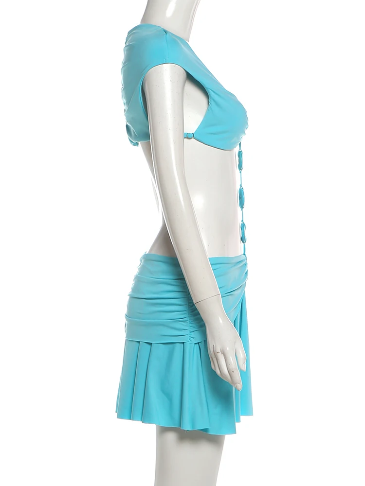Weird Puss Hollow Design Mini Dress Woman Sexy Trend V-Neck Buckles Patchwork Waistless Hot Girls Elegant Chic Street Bodycon