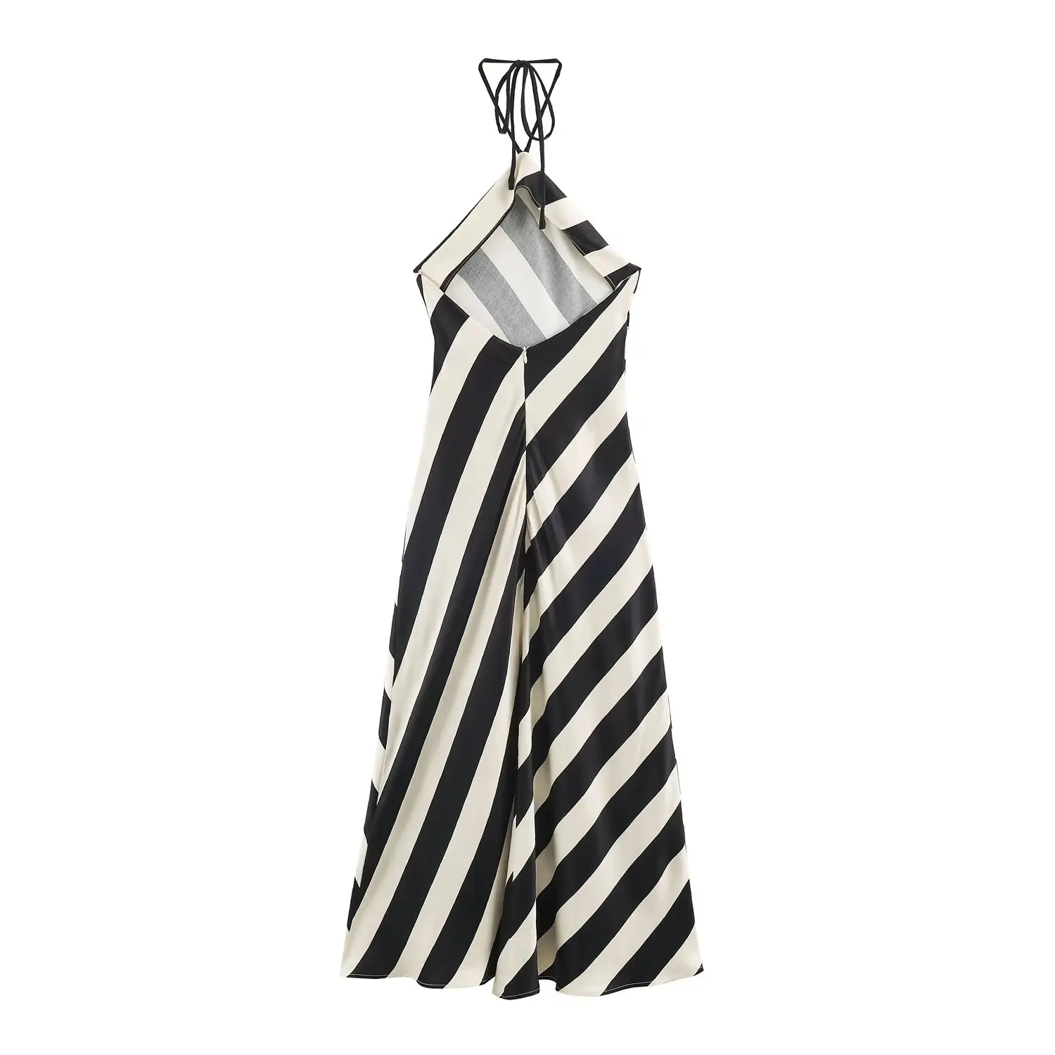BSAY 2026 Summer Women Diagonal Striped Halter Neck Midi Dress Satin Texture Tie Back Sleeveless Elegant Flowy Long Slip Dress