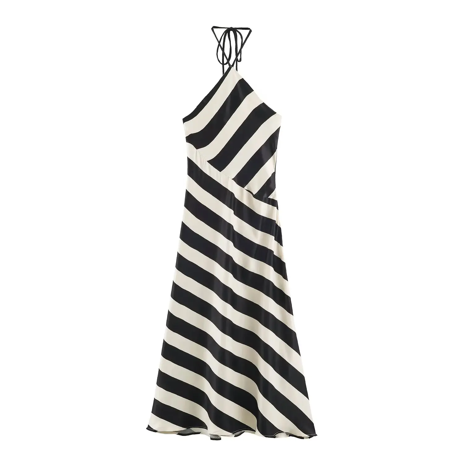 BSAY 2026 Summer Women Diagonal Striped Halter Neck Midi Dress Satin Texture Tie Back Sleeveless Elegant Flowy Long Slip Dress