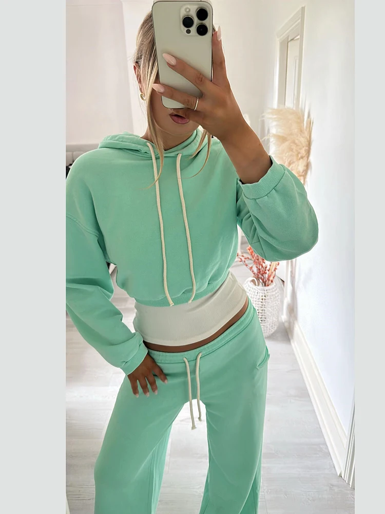 Women Soft Fabric Loungewear Two Piece Set Cropped Drawstring Hoodie Top Elastic Waist Wide Leg Sweatpants Street Tracksuit