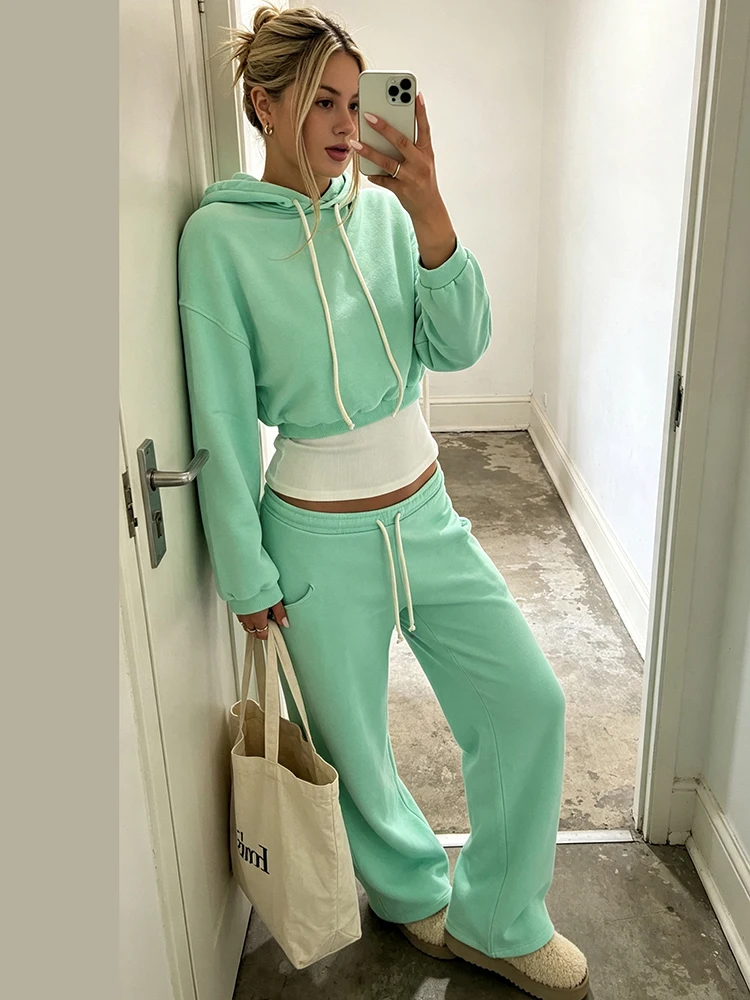 Women Soft Fabric Loungewear Two Piece Set Cropped Drawstring Hoodie Top Elastic Waist Wide Leg Sweatpants Street Tracksuit