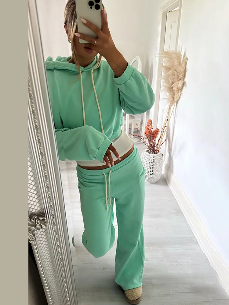 Women Soft Fabric Loungewear Two Piece Set Cropped Drawstring Hoodie Top Elastic Waist Wide Leg Sweatpants Street Tracksuit
