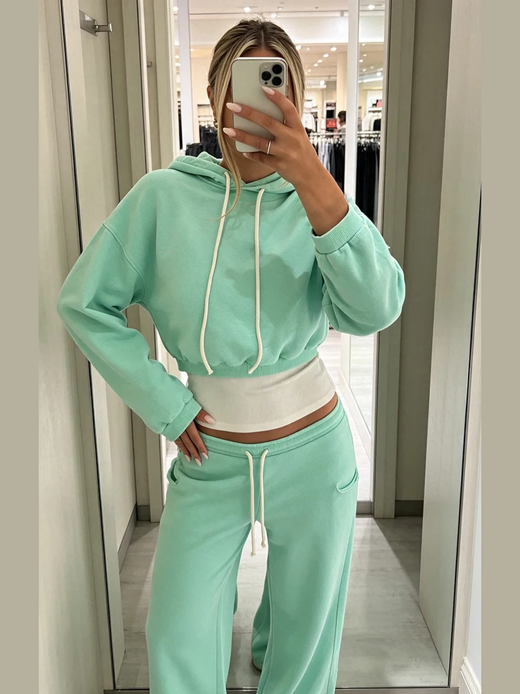 Women Soft Fabric Loungewear Two Piece Set Cropped Drawstring Hoodie Top Elastic Waist Wide Leg Sweatpants Street Tracksuit
