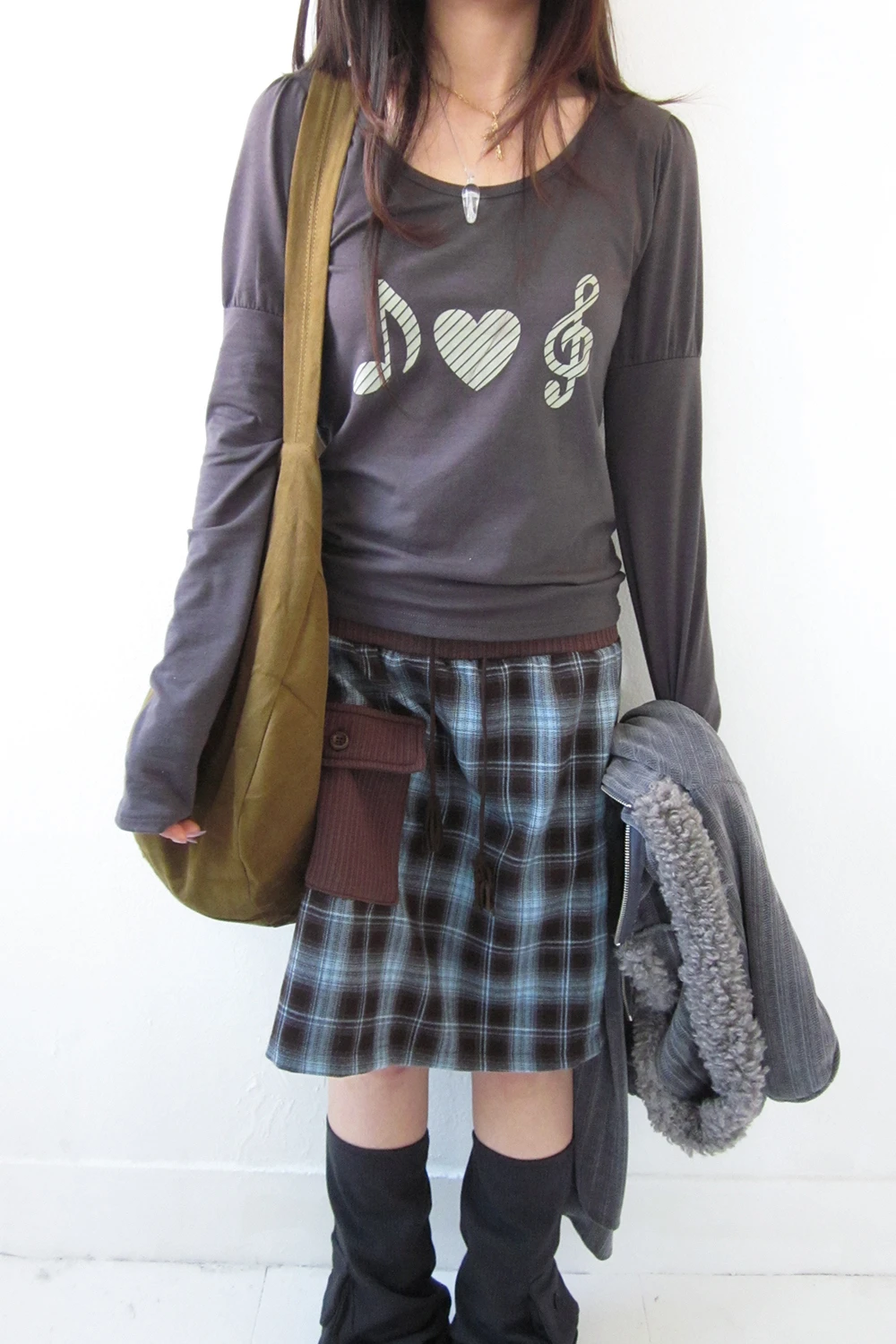 Karrram Japanese Y2k Heart Print T-shirt Vintage Harajuku Long Sleeve Gray T Shirt Korean 2000s Style Streetwear American Retro